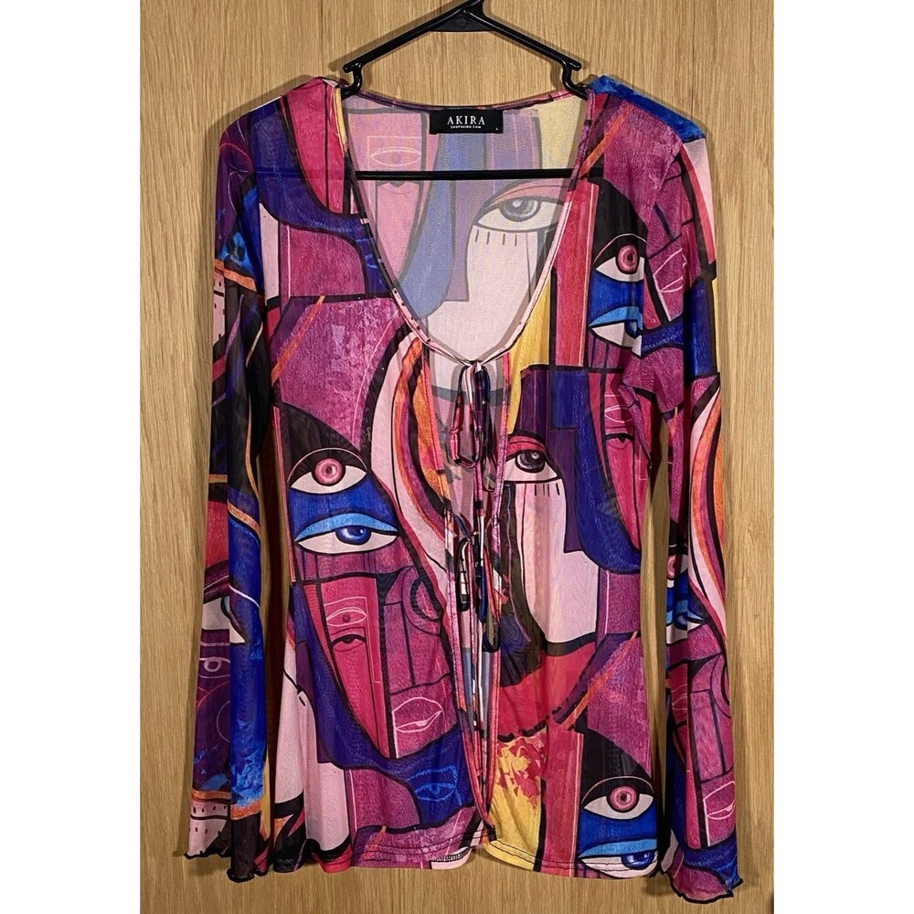 Women's Lg Sheer Mesh Tie Front Top Phoebe Friends Funky Festival Artsy 90s Rave